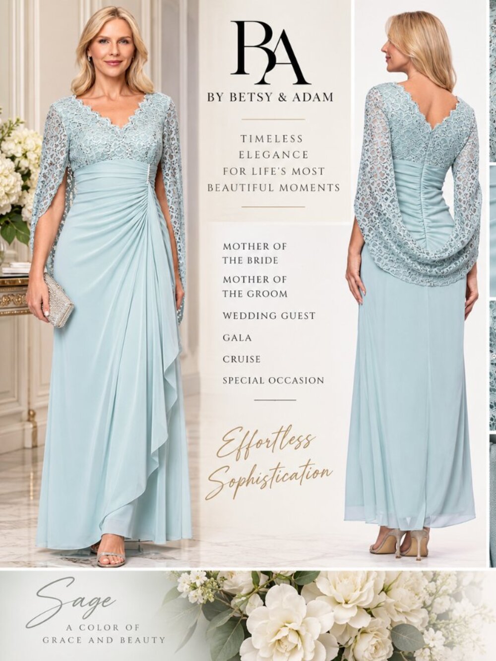 BA Betsy & Adam 14P Sage Sequin Lace Draped Cape Long Formal Gown NWT